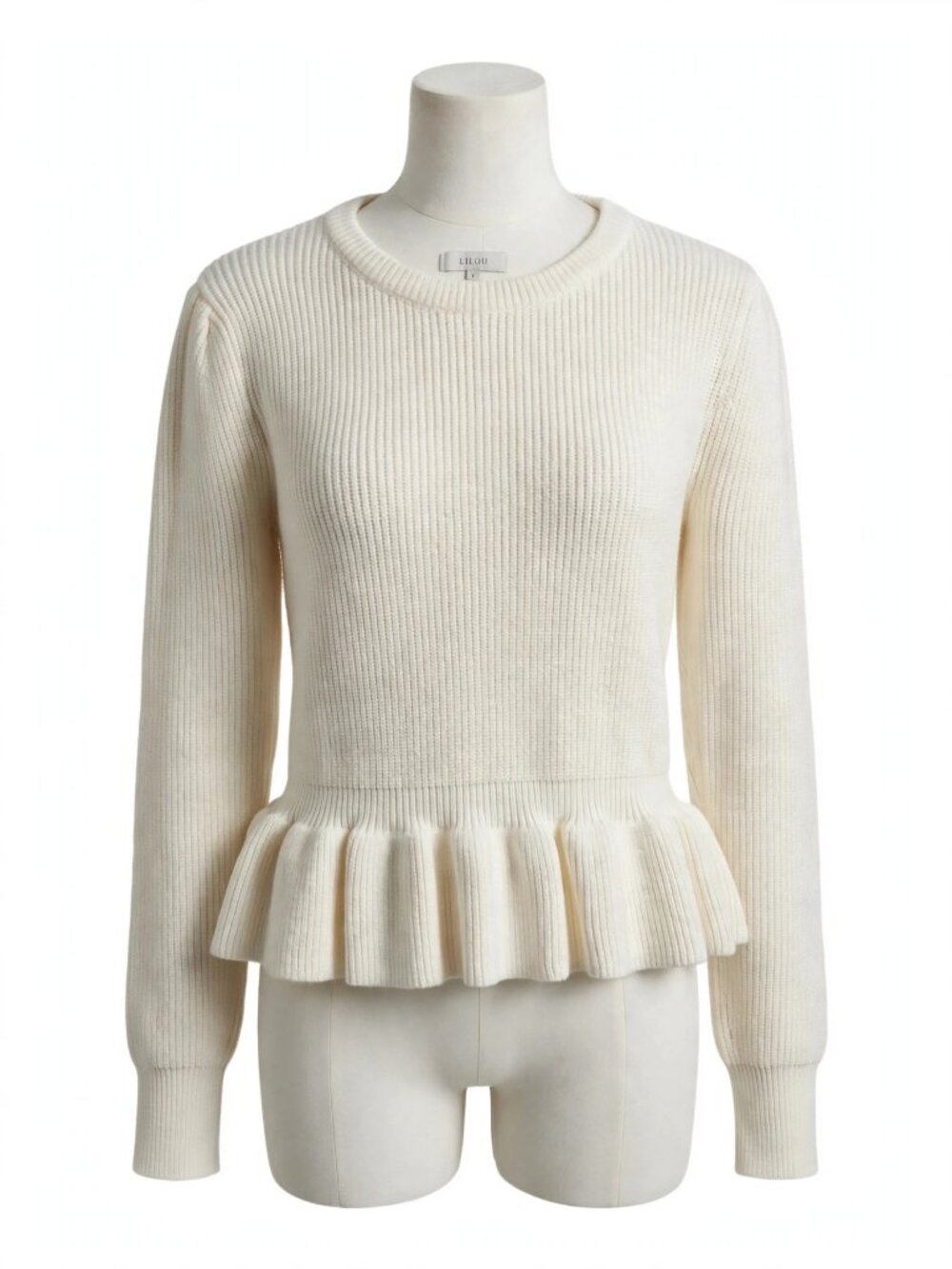 LILOU Ivory Heavy Ribbed Knit Peplum Sweater NWT
